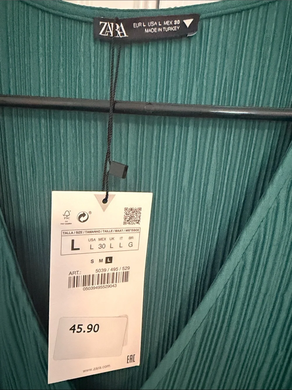 Zara Teal Pleated V-Neck Long-Sleeve Dress